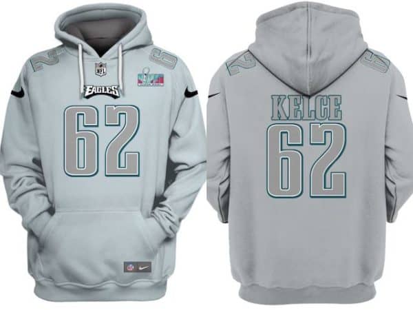 Philadelphia Eagles #62 Jason Kelce Grey Atmosphere Fashion Super Bowl LVII Patch Pullover Hoodie