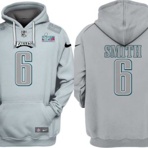 Philadelphia Eagles #6 DeVonta Smith Grey Atmosphere Fashion Super Bowl LVII Patch Pullover Hoodie