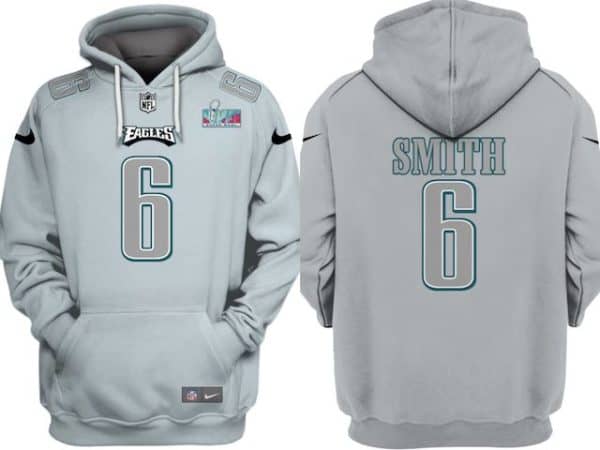 Philadelphia Eagles #6 DeVonta Smith Grey Atmosphere Fashion Super Bowl LVII Patch Pullover Hoodie