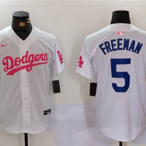 Los Angeles Dodgers #5 Freddie Freeman White Pink Vin Kobe Patch Stitched Jersey