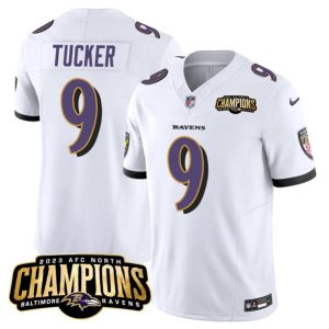 Baltimore Ravens #9 Justin Tucker White 2023 F.U.S.E. AFC North Champions Vapor Limited Stitched Jersey