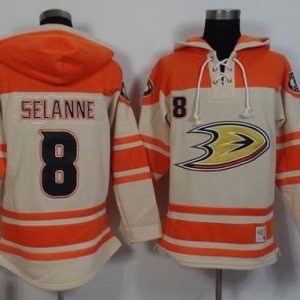 Ducks #8 Teemu Selanne Cream Orange Sawyer Hooded Sweatshirt Stitched Jersey