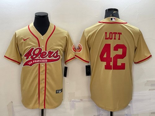 San Francisco 49ers #42 Ronnie Lott Gold With Patch Cool Base Stitched Baseball Jersey
