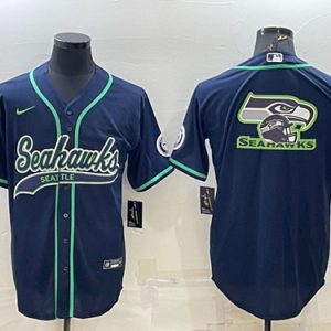 Seattle Seahawks Navy Team Big Logo With Patch Cool Base Stitched Baseball Jersey