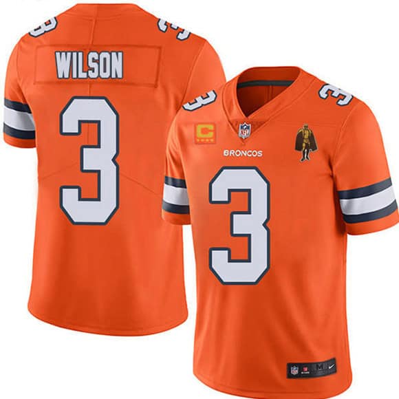 Denver Broncos #3 Russell Wilson Orange With C Patch Walter Payton Patch Limited Stitched Jersey