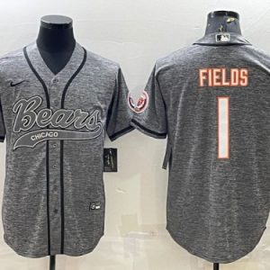Chicago Bears #1 Justin Fields Gray With Patch Cool Base Stitched Baseball Jersey