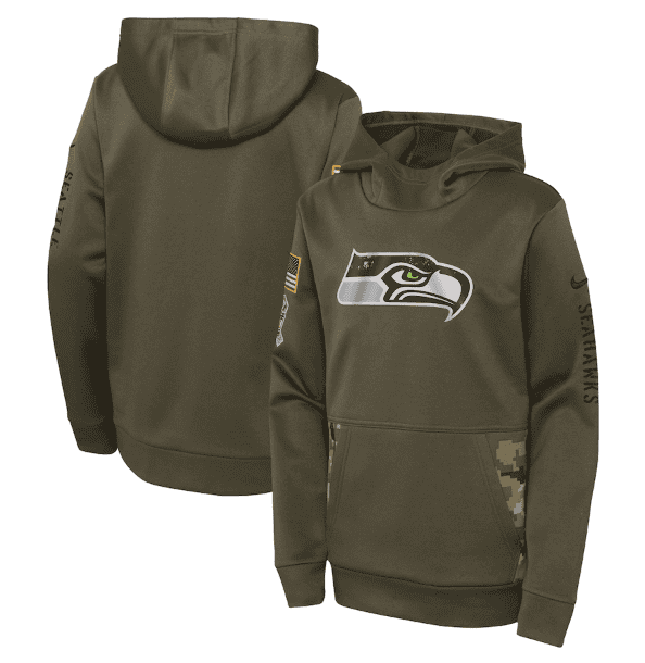 Youth Seattle Seahawks 2022 Olive Salute To Service Therma Performance Pullover Hoodie