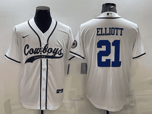 Dallas Cowboys #21 Ezekiel Elliott White With Patch Cool Base Stitched Baseball Jersey