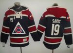 Avalanche #19 Joe Sakic Navy Blue Sawyer Hooded Sweatshirt Stitched Jersey
