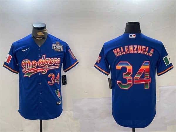 Los Angeles Dodgers #34 Fernando Valenzuela Royal 2024 World Series Mexico California Patch Cool Base Stitched Jersey