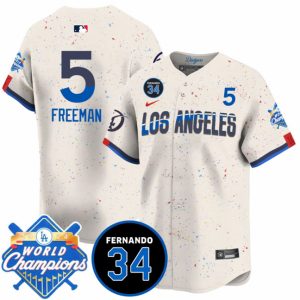 Los Angeles Dodgers #5 Freddie Freeman Cream 2024 World Champions Fernando Memorial Patch City Connect Vapor Premier Limited Stitched Jersey