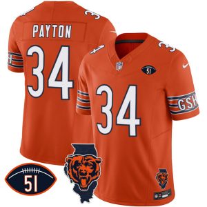 Chicago Bears #34 Walter Payton Orange F.U.S.E. With Illinois And No. 51 Patch Stitched Jersey