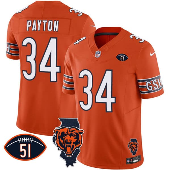 Chicago Bears #34 Walter Payton Orange F.U.S.E. With Illinois And No. 51 Patch Stitched Jersey