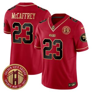 San Francisco 49ers #23 Christian McCaffrey Red F.U.S.E. Golden Gate Bridge Patch Scarlet Vapor Limited Stitched Jersey
