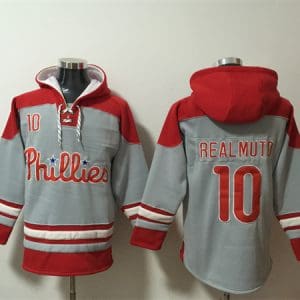 Philadelphia Phillies #10 J.T. Realmuto Grey Red Ageless Must-Have Lace-Up Pullover Hoodie