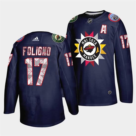 Minnesota Wild #17 Marcus Foligno 2021 22 Navy Native American Heritage Day Stitched Jersey