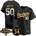 Los Angeles Dodgers #50 Mookie Betts Black Gold 2024 World Series Champions Fernando Memorial Patch Vapor Premier Limited Stitched Jersey
