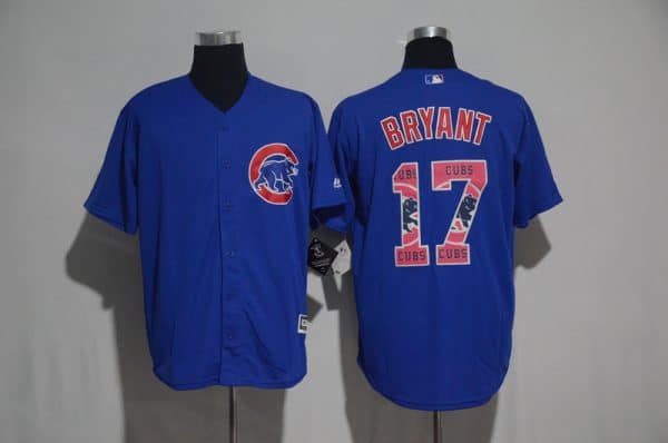 Chicago Cubs #17 Kris Bryant Blue Team Logo Print Cool Base Stitched Jersey