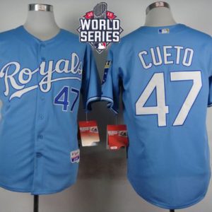 Royals #47 Johnny Cueto Light Blue Alternate 1 Cool Base W 2015 World Series Patch Stitched Jersey