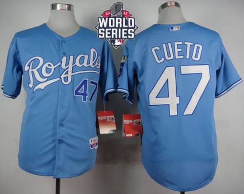 Royals #47 Johnny Cueto Light Blue Alternate 1 Cool Base W 2015 World Series Patch Stitched Jersey