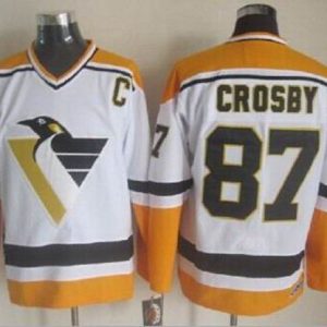 Penguins #87 Sidney Crosby White Yellow CCM Throwback Stitched Jersey