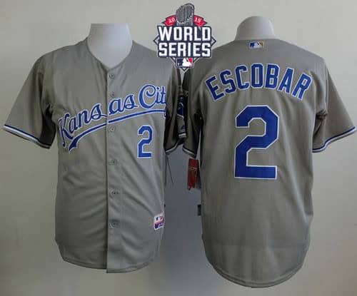 Royals #2 Alcides Escobar Grey Cool Base W 2015 World Series Patch Stitched Jersey