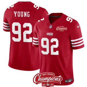San Francisco 49ers #92 Chase Young Red 2023 F.U.S.E. NFC West Champions Patch Stitched Jersey