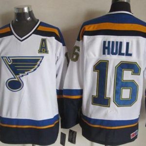 Blues #16 Brett Hull White Navy CCM Throwback Stitched Jersey