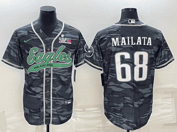 Philadelphia Eagles #68 Jordan Mailata Gray Camo With Super Bowl LVII Patch Cool Base Stitched Jersey