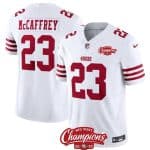 San Francisco 49ers #23 Christian McCaffrey White 2023 F.U.S.E. NFC West Champions Patch Stitched Jersey