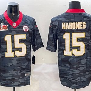 Kansas City Chiefs #15 Patrick Mahomes Black 2025 Super Bowl LIX Patch Camo Vapor Limited Stitched Jersey