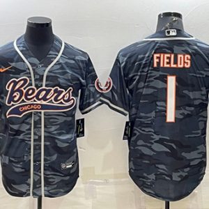 Chicago Bears Blank #1 Justin Fields Gray Camo With Patch Cool Base Stitched Baseball Jersey