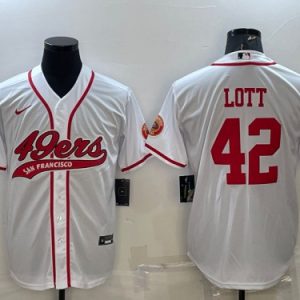 San Francisco 49ers #42 Ronnie Lott White With Patch Cool Base Stitched Baseball Jersey