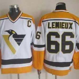 Penguins #66 Mario Lemieux White Yellow CCM Throwback Stitched Jersey
