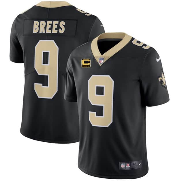 New Orleans Saints #9Drew Brees Black With C Patch Stitched Limited Jersey