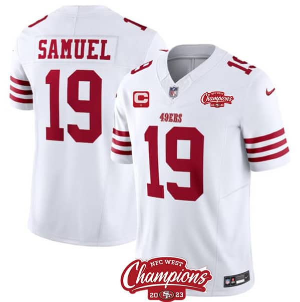 San Francisco 49ers #19 Deebo Samuel White 2023 F.U.S.E. With 1-Star C Ptach And NFC West Champions Patch Stitched Jersey