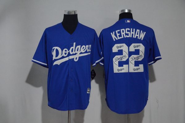 Los Angeles Dodgers #22 Clayton Kershaw Blue Team Logo Print Cool Base Stitched Jersey