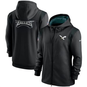 Philadelphia Eagles Black Sideline Team Performance Full-Zip Hoodie