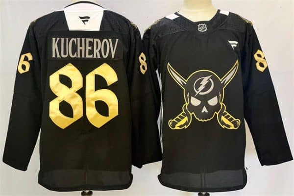 Tampa Bay Lightning #86 Nikita Kucherov 2024-25 Black Gasparilla Inspired Pirate-Themed Warmup Stitched Jersey