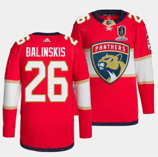 Florida Panthers #26 Uvis Balinskis Red Home 2024 Stanley Cup Champions Stitched Jersey