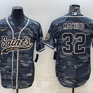 New Orleans Saints #32 Tyrann Mathieu Gray Camo With Patch Cool Base Stitched Baseball Jersey
