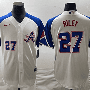 Atlanta Braves #27 Austin Riley White 2023 City Connect Cool Base With Patch Stitched Jersey
