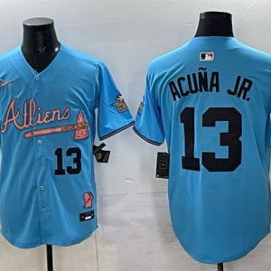 Atlanta Braves #13 Ronald Acuna Jr. Blue 2024 Atliens Peach With Outkast Patch Vapor Limited Stitched Jersey