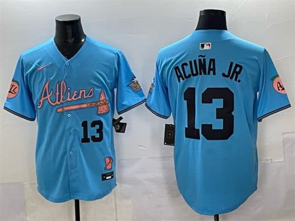 Atlanta Braves #13 Ronald Acuna Jr. Blue 2024 Atliens Peach With Outkast Patch Vapor Limited Stitched Jersey