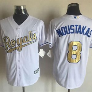 Royals #8 Mike Moustakas White New Cool Base 2015 World Series Champions Gold Program Stitched Jersey