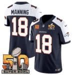Denver Broncos #18 Peyton Manning Navy White 2024 F.U.S.E. With Super Bowl 50 Patch And 4-Star C Patch Vapor Limited Stitched Jersey