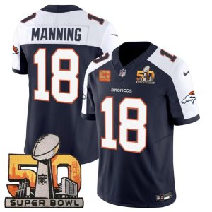 Denver Broncos #18 Peyton Manning Navy White 2024 F.U.S.E. With Super Bowl 50 Patch And 4-Star C Patch Vapor Limited Stitched Jersey
