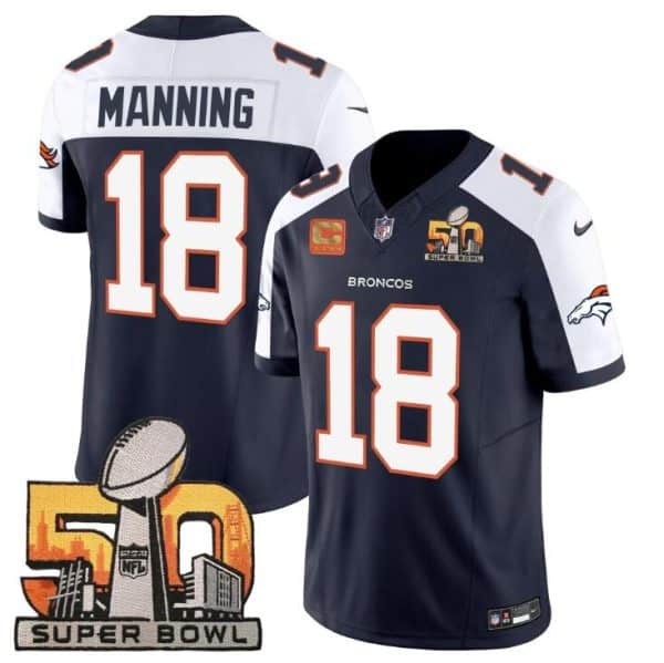 Denver Broncos #18 Peyton Manning Navy White 2024 F.U.S.E. With Super Bowl 50 Patch And 4-Star C Patch Vapor Limited Stitched Jersey