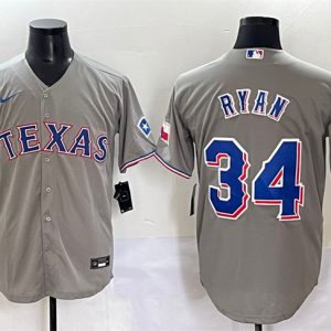 Texas Rangers #34 Nolan Ryan Grey With Patch Cool Base Stitched Jersey