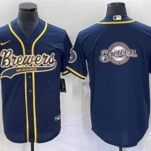 Milwaukee Brewers Navy Team Big Logo Cool Base Stitched Jersey